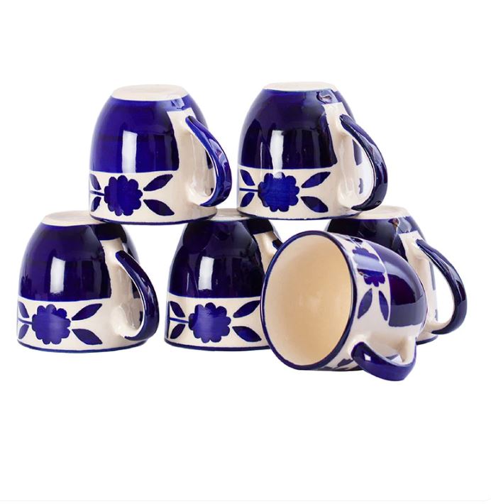 Morwee Blue Ceramic Glossy Cups | Set of 6