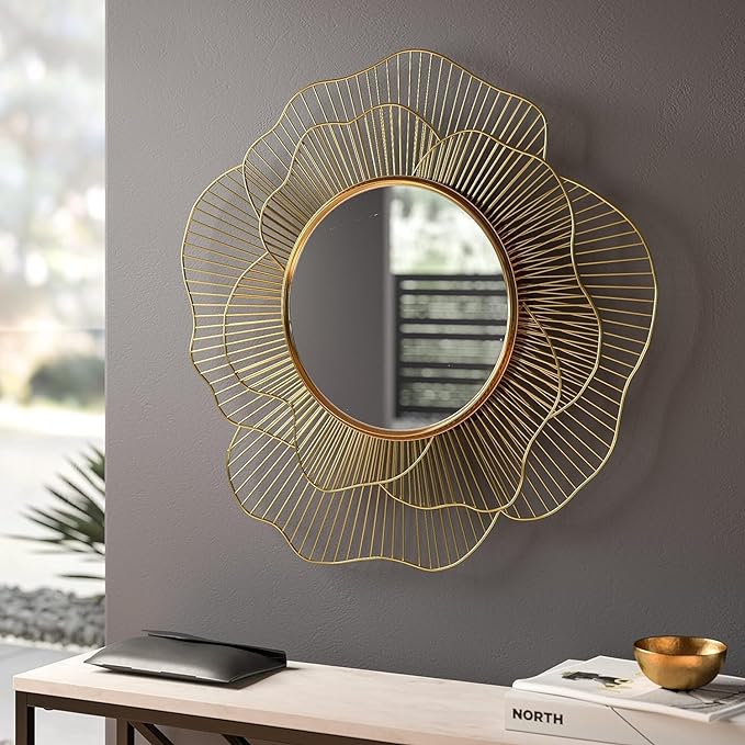 Wall Mounted Iron Decorative Morwee Mirror with Sculptural Golden Rose Design Modern Art Mirror for Home Decor Artistic Mirror