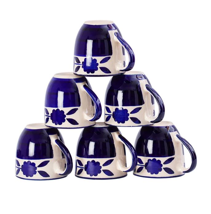 Morwee Blue Ceramic Glossy Cups | Set of 6