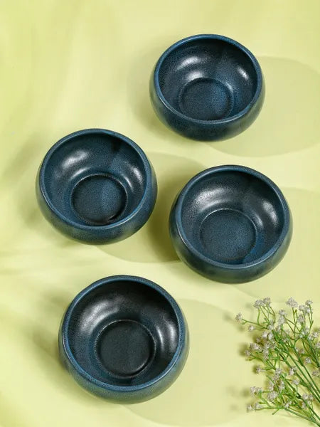 Shilpkara 'Blue Morwee Black Rust' Microwave Safe Kitchen Snacks Cereal Ceramic Katori Breakfast Serving Bowls