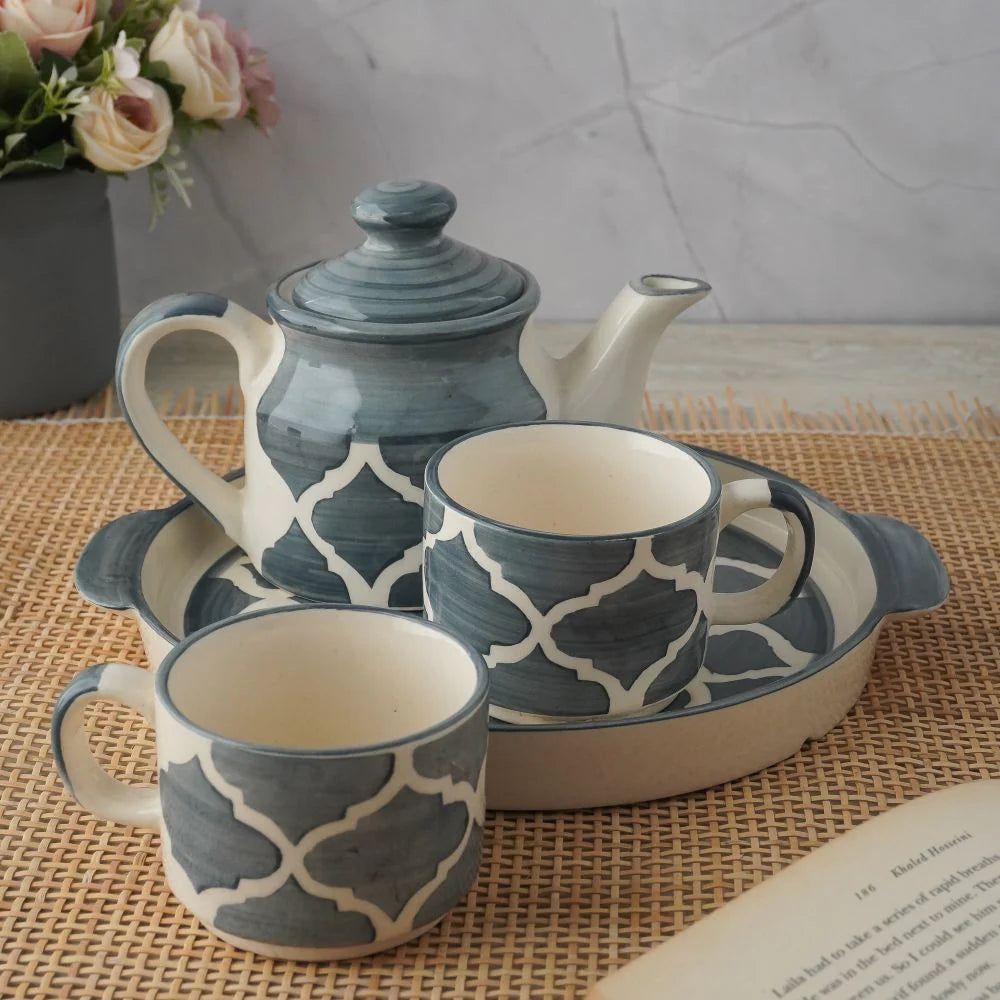 MORWEE GREY MOROCCAN CERAMIC TEA SET WITH KETTLLE